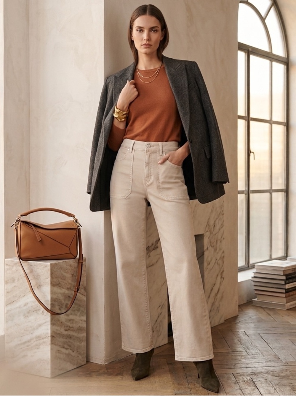 Veronica Beard Dylan High Rise Straight Jeans 25 Stone Neutral Luxury Utility